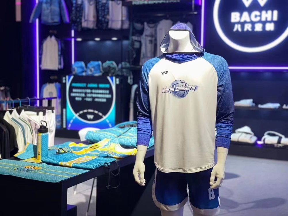 Custom teamwear displayed on exhibition racks